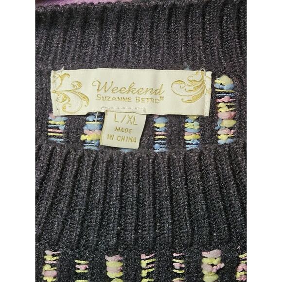 90s Susan Betrd Weekend Navy Yellow Pink Textured Stretch Sweater Size L/XL - Picture 4 of 8